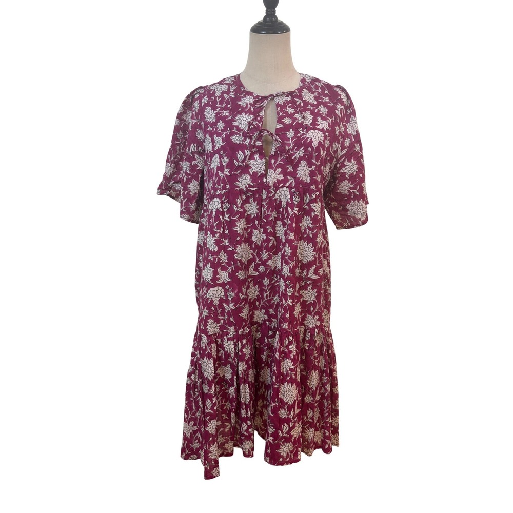 Love Tomas Emerson Fry Isla Dress M/L Burgundy Floral organic Cotton Tiered Boho